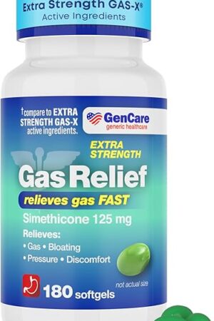 GenCare -Extra Strength Gas Relief Simethicone 125mg (180 Softgels) Maximum Strength Anti Gas Pills for Bloating Relief, Pressure & Discomfort - Compare to Generic Extra Strength Gas X