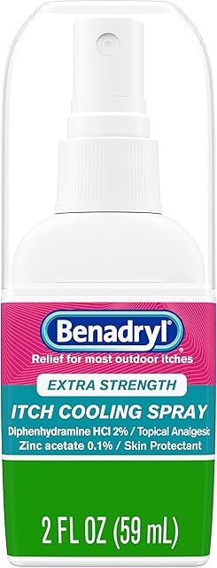 Benadryl Extra Strength Itch Cooling Spray, Topical Analgesic Spray with Diphenhydramine HCI & Zinc Acetate Skin Protectant for Fast Relief from Insect Bites, Travel Size, 2 fl oz