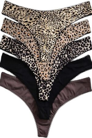 Women's Plus Size 5 Pack Thongs Underwear Leopard Print Lace trim Briefs Mid Rise Sexy Panties