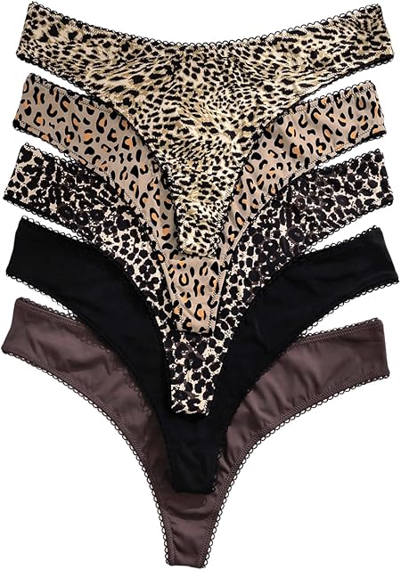 Women's Plus Size 5 Pack Thongs Underwear Leopard Print Lace trim Briefs Mid Rise Sexy Panties