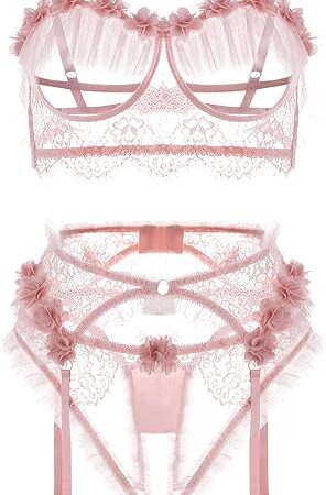 Women's Floral Embroidery Underwire Sexy Hollow Out Bra and Panty with Garter Belts 2 Piece Lingerie Set