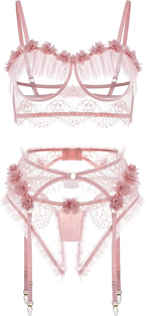 Women's Floral Embroidery Underwire Sexy Hollow Out Bra and Panty with Garter Belts 2 Piece Lingerie Set
