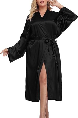 Women's Plus Size Satin Kimono Robes Long Silky Bathrobe Lightweight Sleepwear Wedding Dressing Gown