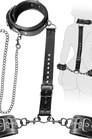 BDSM Bondage Sex Restraints Set Couples Sex Toys, Neck to Wrist Restraints Kit with Traction Chain Back Sex Handcuffs Collar Adjustable Bondage Gear Accessories SM Sexy Slave Beginner Role Play Toy