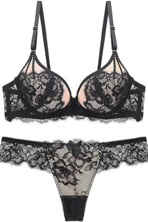 Women's Sexy Lingerie Set 2 Piece Lace Spaghetti Strap Gathered Bra and Thong Panty Classic Underwear Bras Outfits (Black,68-72cm)