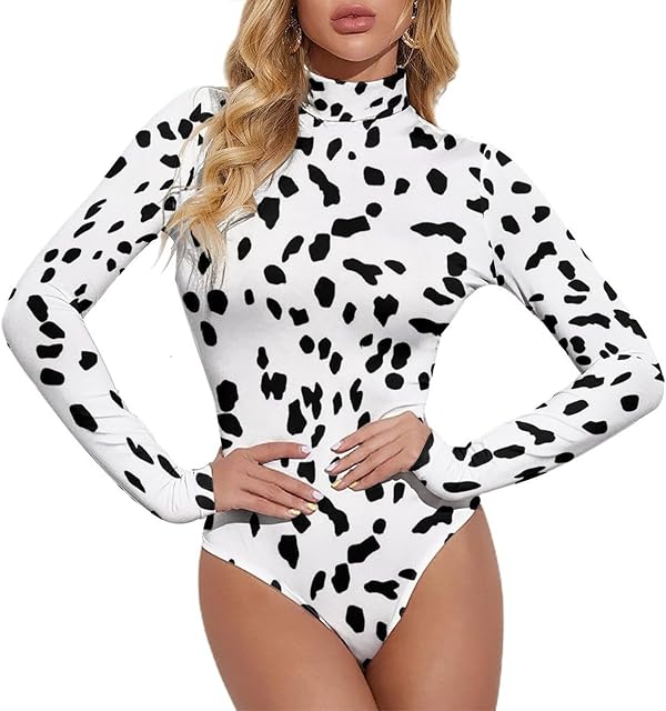 Dalmatian Pattern Women's Sexy Bodysuit Long Sleeve Tops Mock Turtle Neck T Shirts 1-Piece