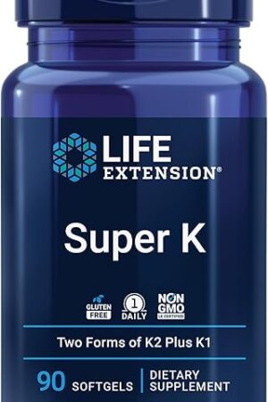 Life Extension Super K, vitamin K1, vitamin K2 mk-7, vitamin K2 mk-4, vitamin C, bone/heart/arterial health, 3-month supply, Gluten-Free, 1 Daily, Non-GMO, 90 softgels