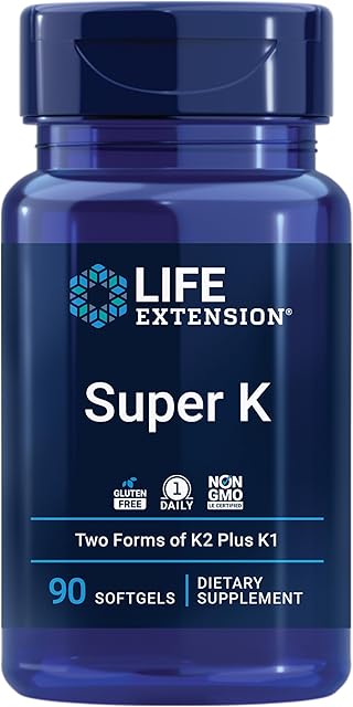 Life Extension Super K, vitamin K1, vitamin K2 mk-7, vitamin K2 mk-4, vitamin C, bone/heart/arterial health, 3-month supply, Gluten-Free, 1 Daily, Non-GMO, 90 softgels