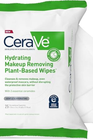 CeraVe Makeup Remover Wipes, Plant Based Face Wipes, Biodegradable in Compost, Waterless Face Wash, Travel Essentials for Women, Suitable for Sensitive Skin, Fragrance-free + Non-comedogenic, 25ct