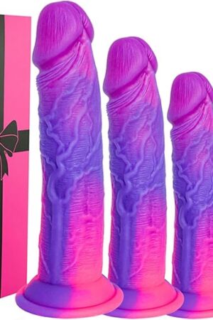 4-Piece Realistic Silicone Colorful Funny Dildo Set (7" 8" 9" 10"), Fantasy Pink Purple Dildo Anal Plug Trainer Set for Beginners, G-Spot Prostate Dildo no Balls Suction Cup for Strap on Sex Toys