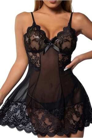 Women's Babydoll Sleepwear Lace Sheer Strap Chemise with Thongs Lingerie Set