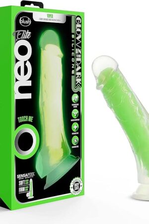 Blush Novelties Neo Elite Glow in The Dark Silicone Dildo with Balls - 75Length & 15Width - Sensa Feel Dual Density - Sturdy Suction Cup Base for Hands Free Play & Harness Compatible Sex Toy