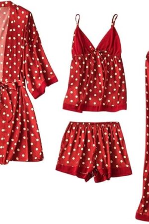 4PCS Sexy Pajamas Set with Robe Womens Satin Lingerie V Neck Cami Set Sleepwear Loungewear Soft PJ Set Summer Outfits