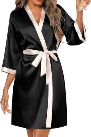 Women's Satin Robes Silk Kimono Bathrobe 3/4 Sleeve Bridal Bridesmaids Robes Soft Silky Sleepwear S-XXL