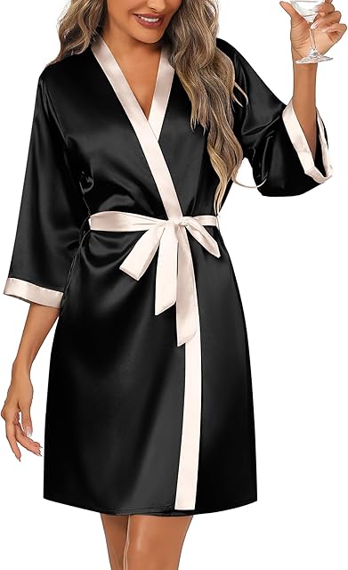 Women's Satin Robes Silk Kimono Bathrobe 3/4 Sleeve Bridal Bridesmaids Robes Soft Silky Sleepwear S-XXL