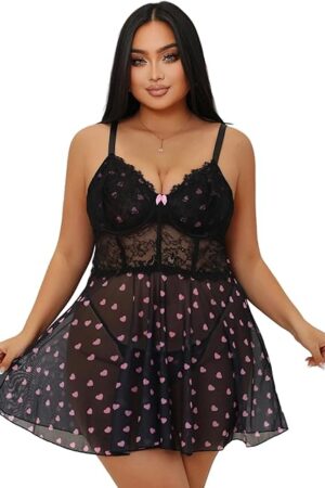 Black Lace Babydoll Dress Heart Printed Sexy Lingerie Sets for Women with Underwire V-Neck Teddy Lingerie Dress for Women Belly Hide Fits Medium