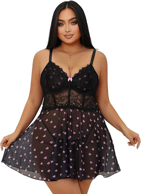 Black Lace Babydoll Dress Heart Printed Sexy Lingerie Sets for Women with Underwire V-Neck Teddy Lingerie Dress for Women Belly Hide Fits Medium