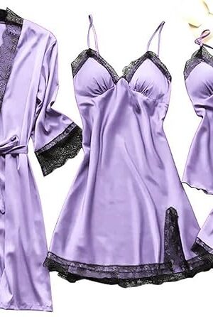 Womens Silk Pajama Sets 4 Pcs Sexy Lingerie Robe Set Camisole Top Shorts Lounge Sleepwear Lace Nightgown Pj Sets