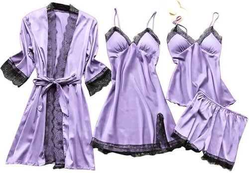 Womens Silk Pajama Sets 4 Pcs Sexy Lingerie Robe Set Camisole Top Shorts Lounge Sleepwear Lace Nightgown Pj Sets