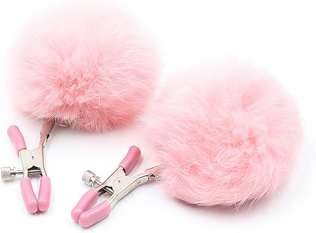 Furry Feather Nipple Clamps Clips Adjustable Rabbit Tail Toy Unisex (Pink)