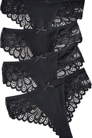 Women's 4 Pack Lace Sexy Underwear Low Rise Thongs Y2k Bow Scallop Trim Cheeky Panty Underwear