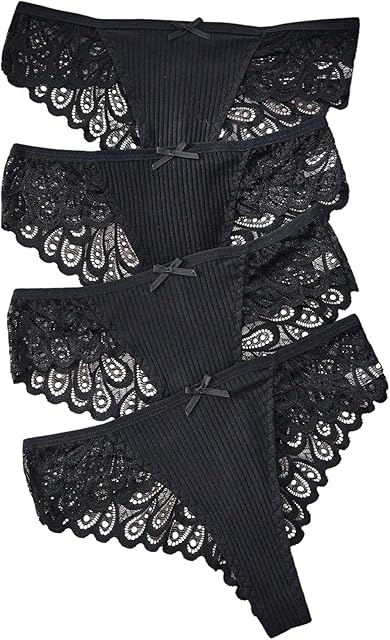 Women's 4 Pack Lace Sexy Underwear Low Rise Thongs Y2k Bow Scallop Trim Cheeky Panty Underwear