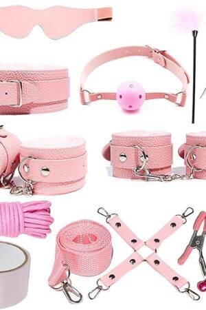 BDSM Kit 11 Pcs Leather Sex Restraints Set with Adjustable Handcuffs Collar Ankle Cuff Blindfold Feather Tickler Nipple Clamp Etc Adult Couples Sexy Toys (Pink)