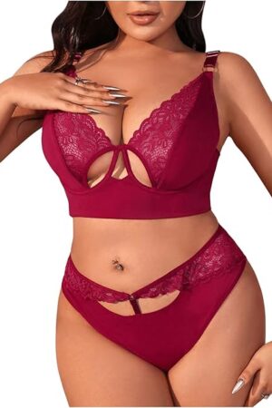 Women's Plus Size Floral Lace Lingerie Sets Cut Out V Neck Underwire Matching Bra and Panty Sets