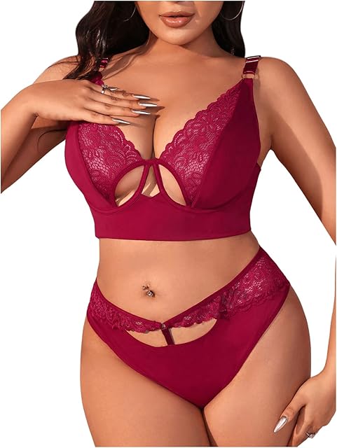 Women's Plus Size Floral Lace Lingerie Sets Cut Out V Neck Underwire Matching Bra and Panty Sets