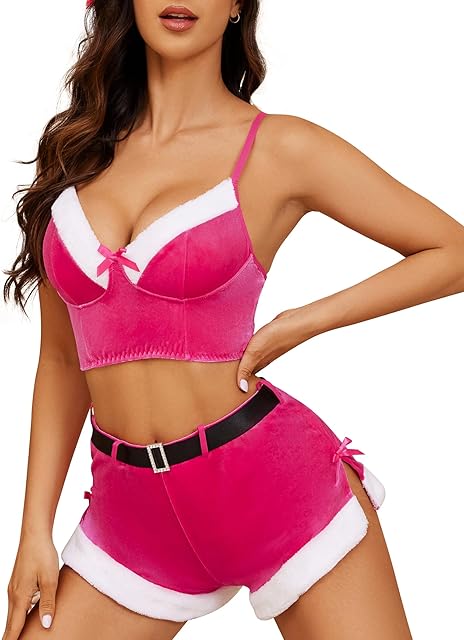 Women's Christmas Lingerie Set Sexy Santa Doll Teddy Bra and Shorts Outfits Velvet Santa Costume Set with Belt