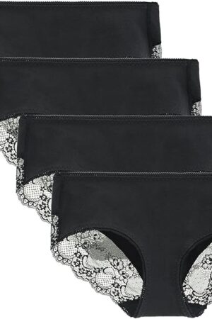 Women's 4 Pack Cotton Mid Rise Full Coverage Lace Hipster Brief Panty Underwear