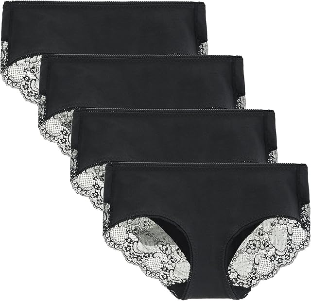 Women's 4 Pack Cotton Mid Rise Full Coverage Lace Hipster Brief Panty Underwear