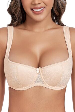 Women's Plus Size Wide Straps Lace Demi Underwire Lightly Padded Balconette Bra