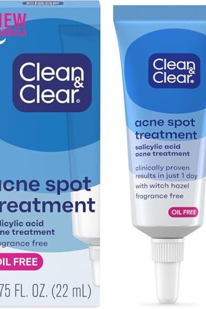 Clean & Clear Acne Spot Treatment Gel Cream with 2% Salicylic Acid, Oil-Free Topical Acne Treatment with Witch Hazel for Clinically Proven Results in 1 Day, Fragrance Free, 075 fl oz