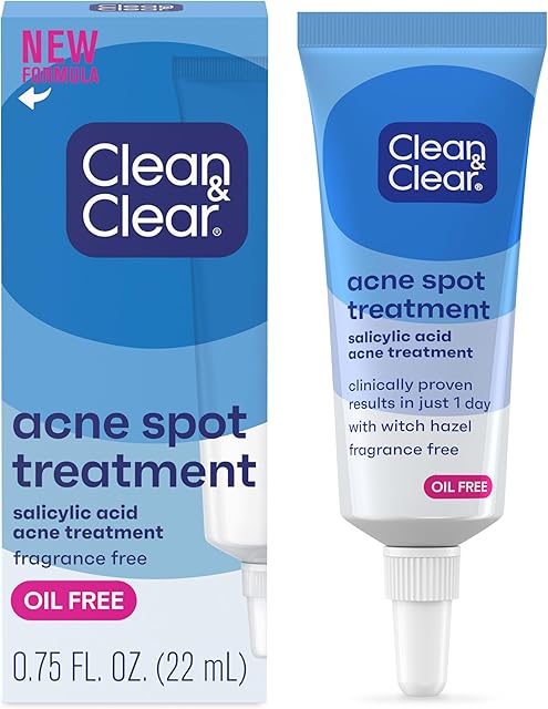 Clean & Clear Acne Spot Treatment Gel Cream with 2% Salicylic Acid, Oil-Free Topical Acne Treatment with Witch Hazel for Clinically Proven Results in 1 Day, Fragrance Free, 075 fl oz