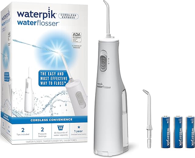 Waterpik Cordless Express Water Flosser, Battery Operated & Portable for Travel & Home, ADA Accepted, Waterproof for Shower Use, White WF-02, Packaging May Vary