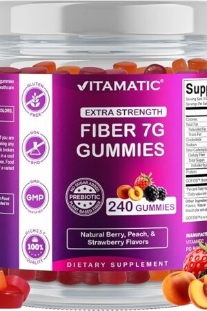 Vitamatic Prebiotic Fiber Gummies for Adults, 7G Extra Strength, Zero Sugar Added, 240 Pectin Based Gummies, Digestive Health & Regularity Support