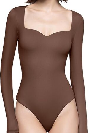 Women's Sweetheart Neck Long Sleeve Bodysuit Slimming Body Suit Going Out Tops Smoke Cloud Pro Collection