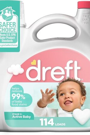 Dreft Stage 2 Active Baby Liquid Laundry Detergent, Hypoallergenic, Helps Remove 99% of Baby Food Stains, 114 Loads, Baby Laundry Detergent, Newborn Essentials
