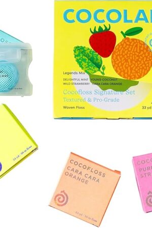 Cocofloss Woven Dental Floss, Dentist-Designed Oral Care, Waxed, Vegan, Kid-Friendly, with Coconut Oil, 4-Pack of Mint, Coconut, Orange, Strawberry (33 yard Each)