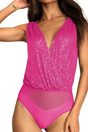 Women's Sequin Bodysuit Sleeveless Sparkly One Piece Tops V Neck Backless Glitter Sexy Party Bodysuit