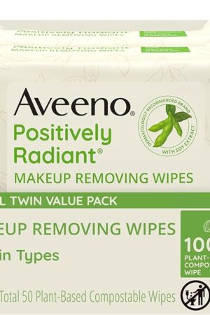 Aveeno Positively Radiant Oil-Free Makeup Removing Face Wipes to Help Even Skin Tone and Texture with Moisture-Rich Soy Extract, Gentle Facial Cleansing Wipes, Twin Pack, 2 x 25 ct.
