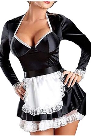 Gerrit 3 PCS, Erotic Lingerie Cosplay Outfits Satin Long Sleeve French Maid Sexy Lace Costume Uniform Set for Women Sex Role Play, X-Large, Black