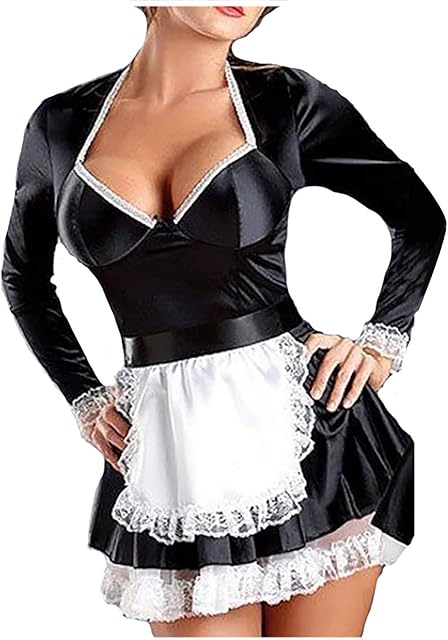 Gerrit 3 PCS, Erotic Lingerie Cosplay Outfits Satin Long Sleeve French Maid Sexy Lace Costume Uniform Set for Women Sex Role Play, X-Large, Black