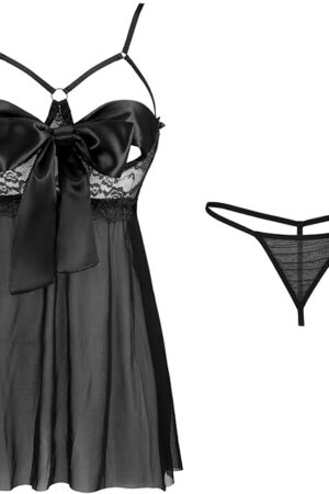 Babydoll Lingerie for Women Sheer Mesh Chemise Sleepwear Unwrap Me Naughty Lingerie with Thong