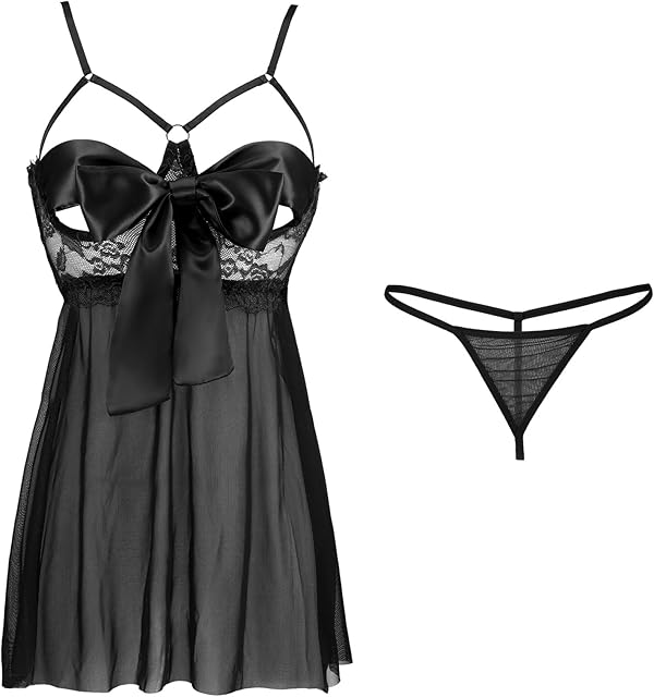 Babydoll Lingerie for Women Sheer Mesh Chemise Sleepwear Unwrap Me Naughty Lingerie with Thong