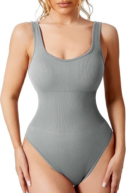 Glowy Bodysuit for Women Ribbed Sleeveless Bodysuit Square Neck Bodysuit Sexy Shapewear Top