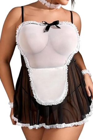 Womens Plus Size Sexy Maid Costume Set 5 Piece Lace Lingerie Dress Cosplay Outfits