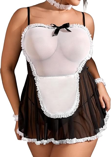 Womens Plus Size Sexy Maid Costume Set 5 Piece Lace Lingerie Dress Cosplay Outfits
