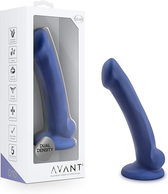 Blush Avant D10 Ergo Mini 7" Realistic Dildo, Curved Shaft Cock - Dual Density Ultrasilk Silicone, Suction Cup, Strap-On Compatible - Artisan Stylish Penis Sex Toy for Women, Men & Couples - (Blue)